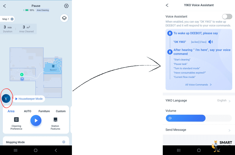 Der YIKO Sprachassistent wird in der ECOVACS DEEBOT T20 OMNI App ausgewählt.